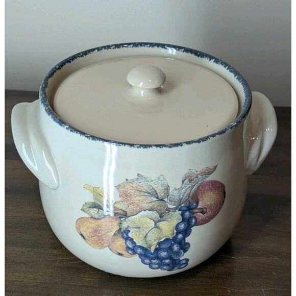 Vintage Home & Garden Party Fruit Pattern Bean Pot Casserole Crock W/ Lid 2004 - Picture 2 of 11